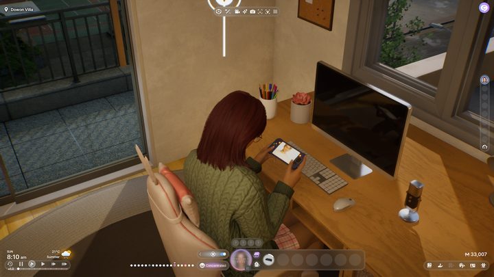 Zoi playing a handheld game in inZOI.