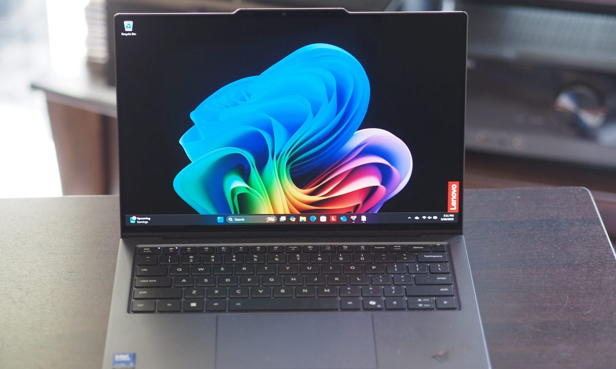 Lenovo ThinkPad X9-14 front view showing display and keyboard.