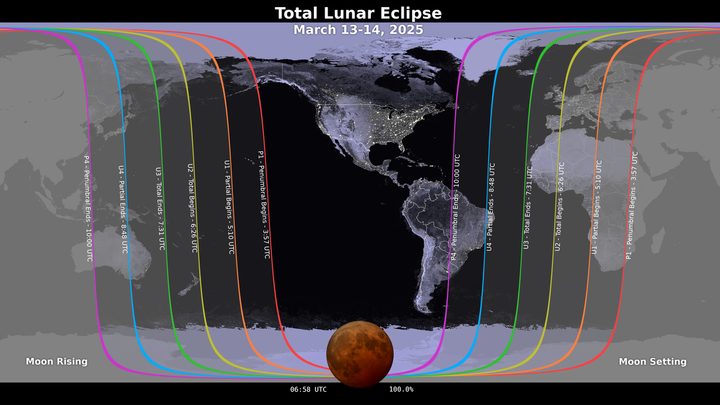Map showing where the March 13-14, 2025 lunar eclipse is visible. Contours mark the edge of the visibility region at eclipse contact times, labeled in UTC.