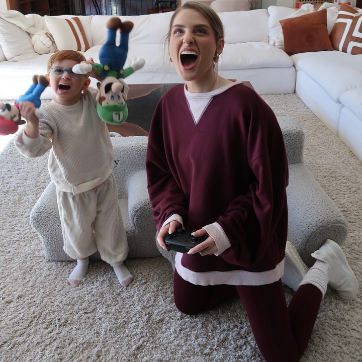 Meghan Trainor plays Nintendo Switch with her son.