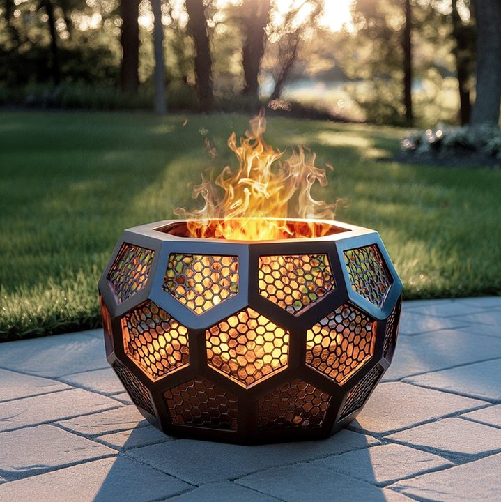 A fabricated metal fire pit.
