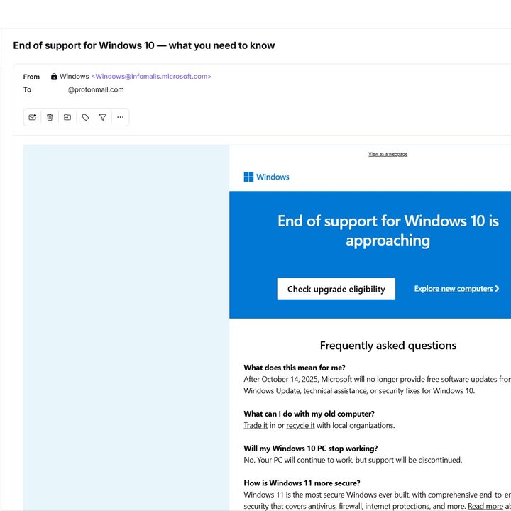Microsoft's email about the end of life of Windows 10.