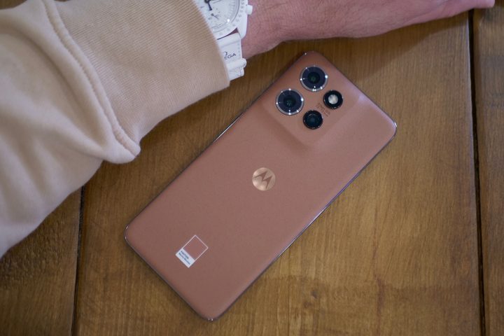The Motorola Edge 50 Neo in Mocha Mousse on a table.