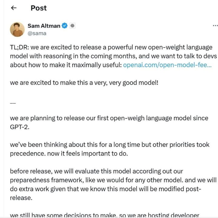 Sam Altman's X post about OpenAI's open weight model.