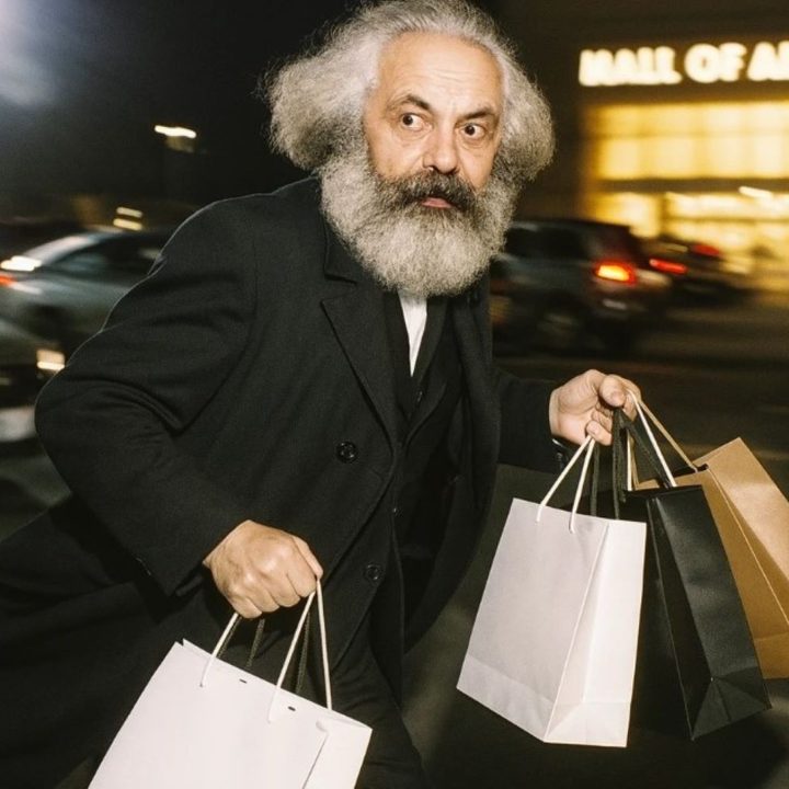 OpenAI generated image - A candid paparazzi-style photo of Karl Marx hurriedly walking through the parking lot of the Mall of America.