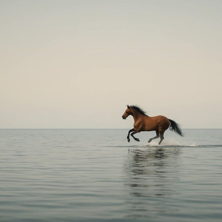 OpenAI generated image - Realistic photograph of a horse galloping from right to left across a vast, calm ocean surface.