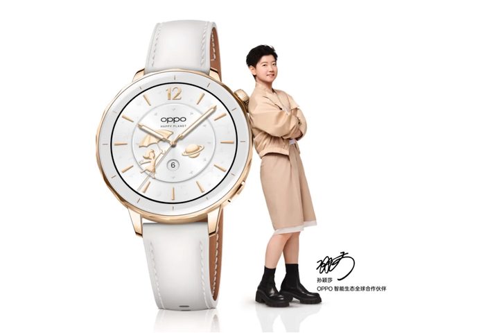 A promotional image showing the Oppo Watch X2 Mini and Sun Yingsha.
