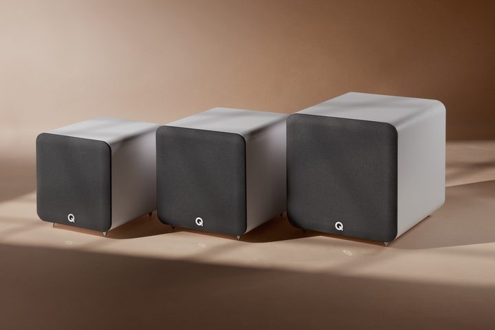 The Q Acoustics SUB Series subwoofers, in white.
