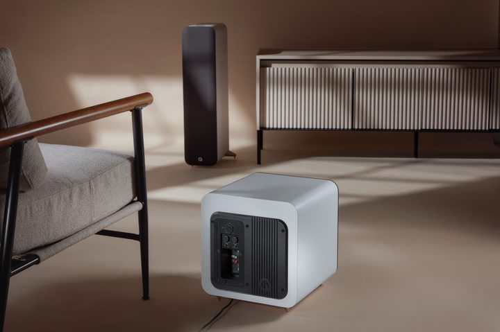 The Q Acoustics SUB80 subwoofer in white, showing its back panel.