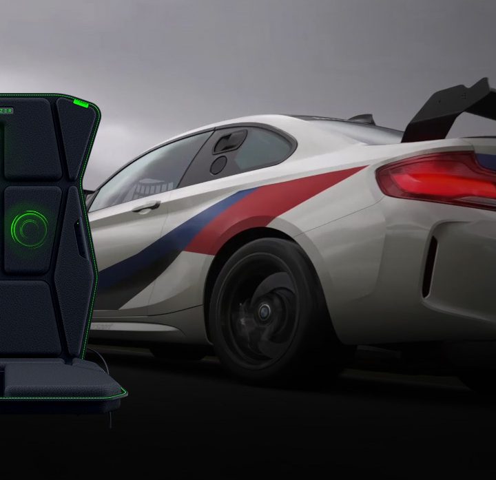 The Razer Freyja cushion against a racing game backdrop.