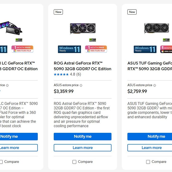Prices for the RTX 5090 at Asus Store.