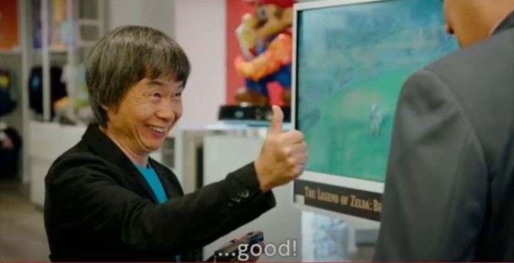 Shigeru Miyamoto gives a thumbs up and says "Good!"