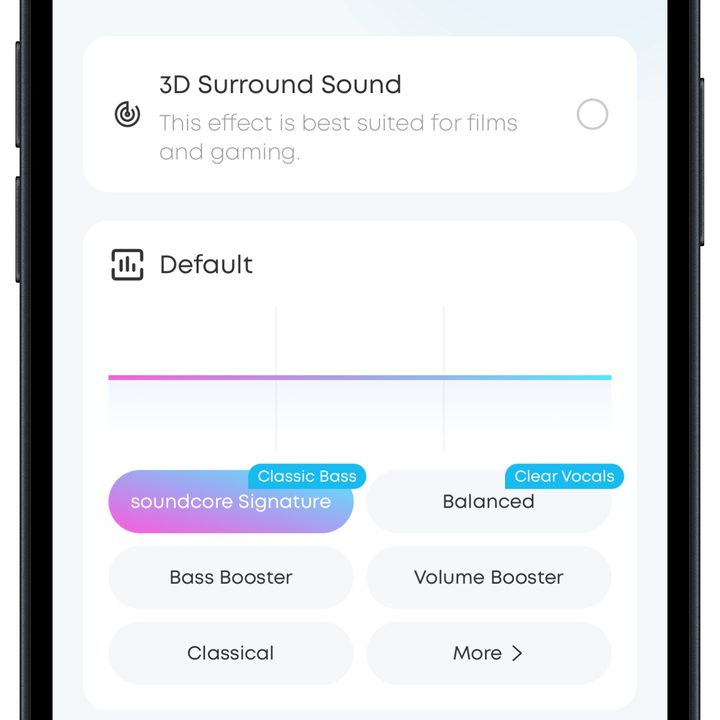 Soundcore app for iOS: Sound effects menu.