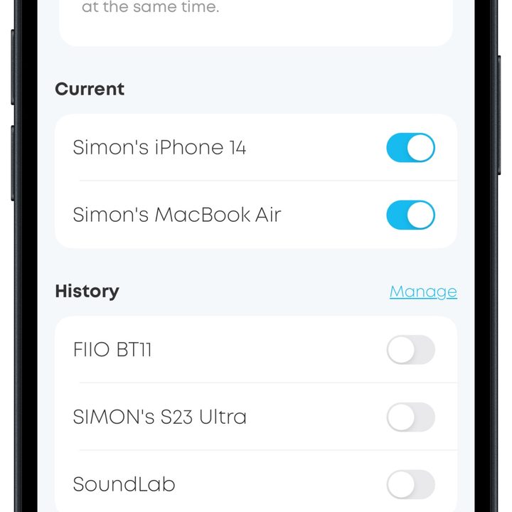 Soundcore app for iOS: Dual connections page.