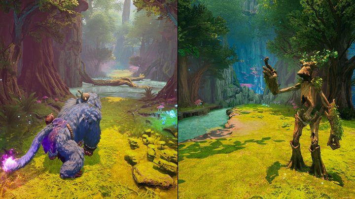 A monkey and a tree person stand on opposite sides of a splitscreen in Split Fiction.