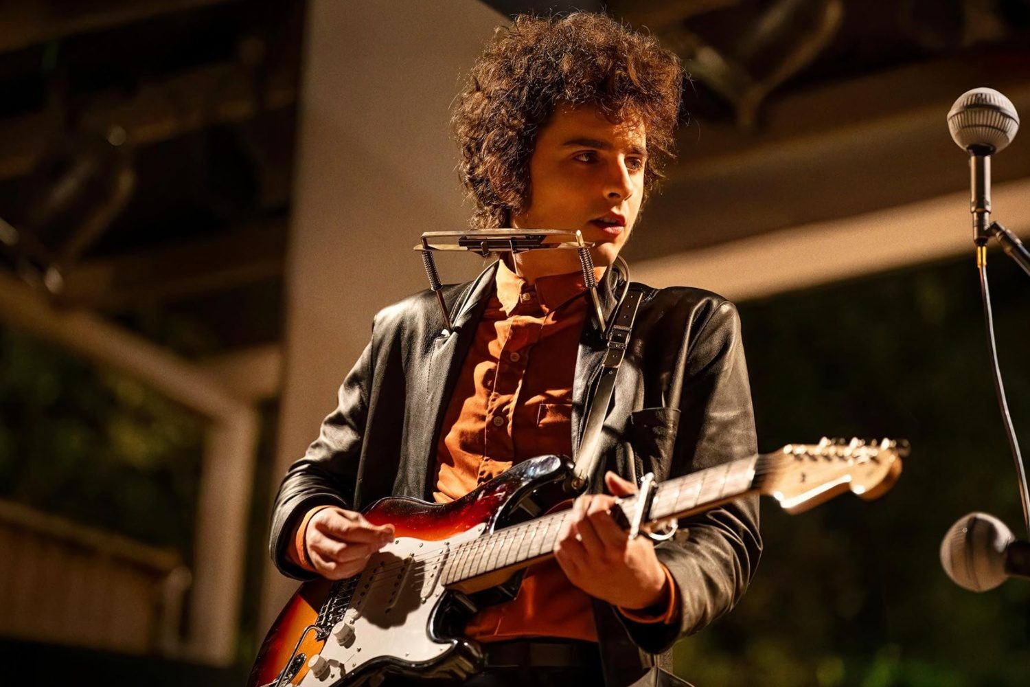 Timothee Chalamet plays the guitar and stares.