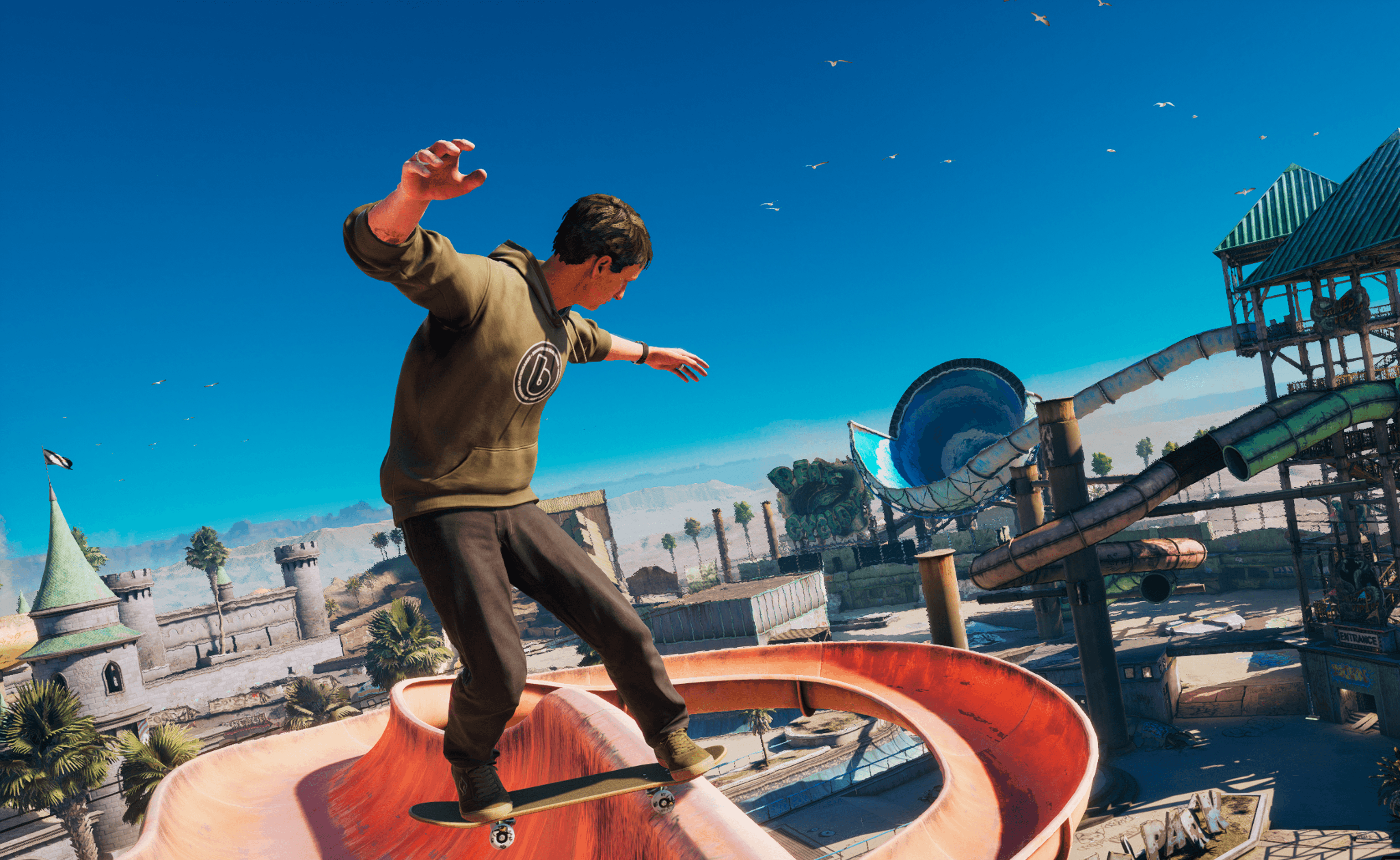 A skater grinds on a waterslide in Tony Hawk's Pro Skater 3 + 4.