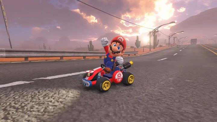 Mario in Mario Kart World.