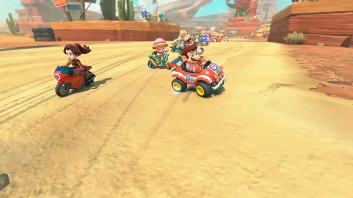 Mario and other racers in Mario Kart World.