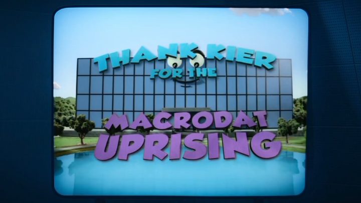 A claymation video in "Severance" saying "Thank Kier for the Macrodat Uprising."
