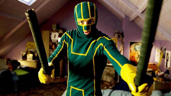 Dave dressed as Kick-Ass holding his batons in Kick-Ass.
