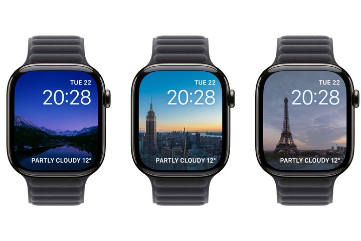 Three Apple Watches showing Timelapse watch face for Mack Lake, New York, and Paris.