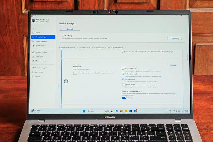 Performance modes on Asus Vivobook 16 X1607QA Copilot+ PC laptop with Qualcomm Snapdragon X ARM 64 chip.