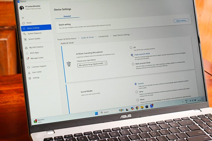 Sound settings on the Asus Vivobook 16 X1607QA Copilot+ PC laptop with Qualcomm Snapdragon X ARM 64 chip on a wooden surface.