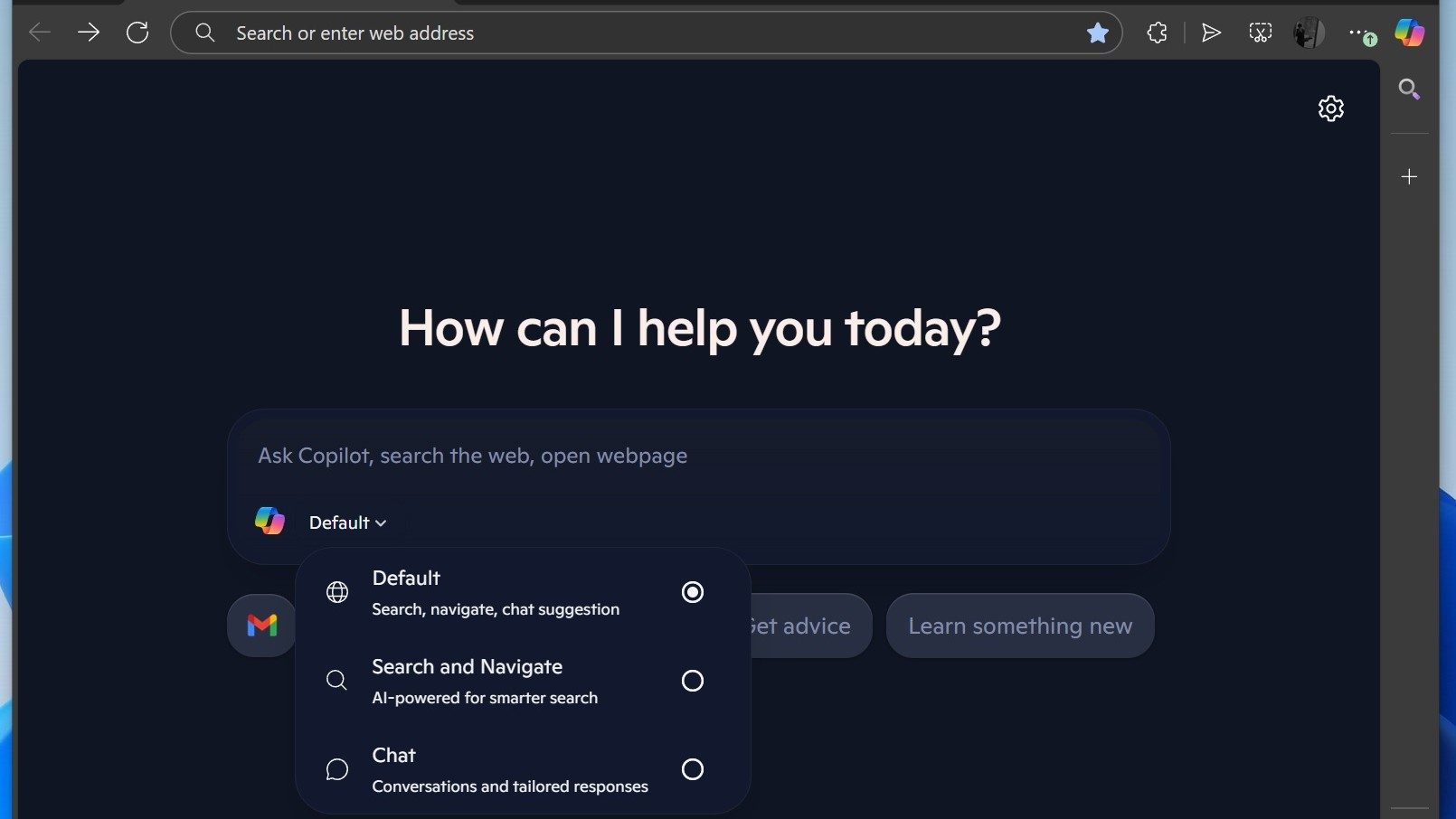 The Default, Search and Navigate, and Chat option for the Copilot button on Edge Canary.