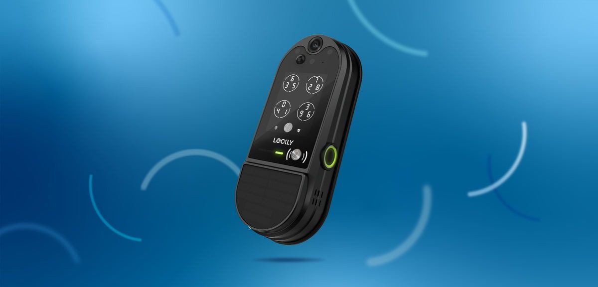 The Lockly Vision Elite on a blue background.