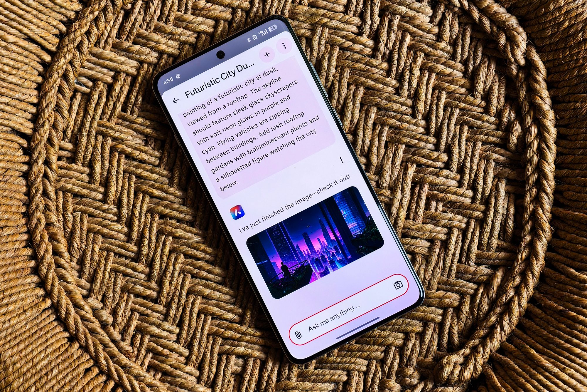 Text to image generation on Opera Aria AI chatbot running on an Android phone.
