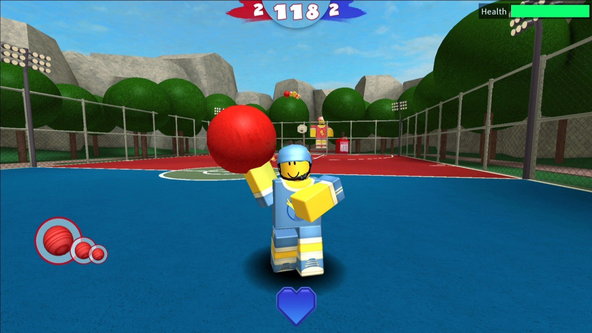 A Roblox character throwing a dodge-ball.