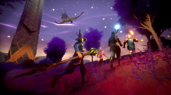 Adventurers running through a field in RuneScape: Dragonwilds.