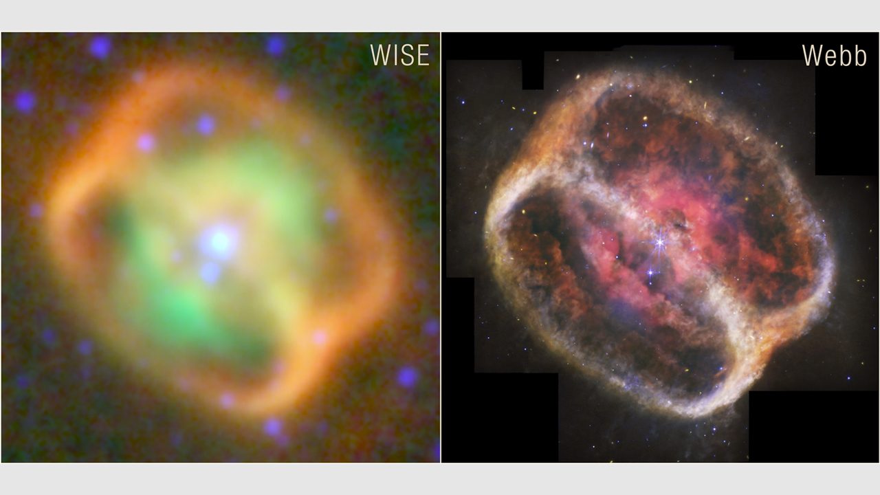 Two infrared views of NGC 1514. At left is an observation from NASA’s Wide-field Infrared Survey Explorer (WISE). At right is a more refined image from NASA's James Webb Space Telescope.
