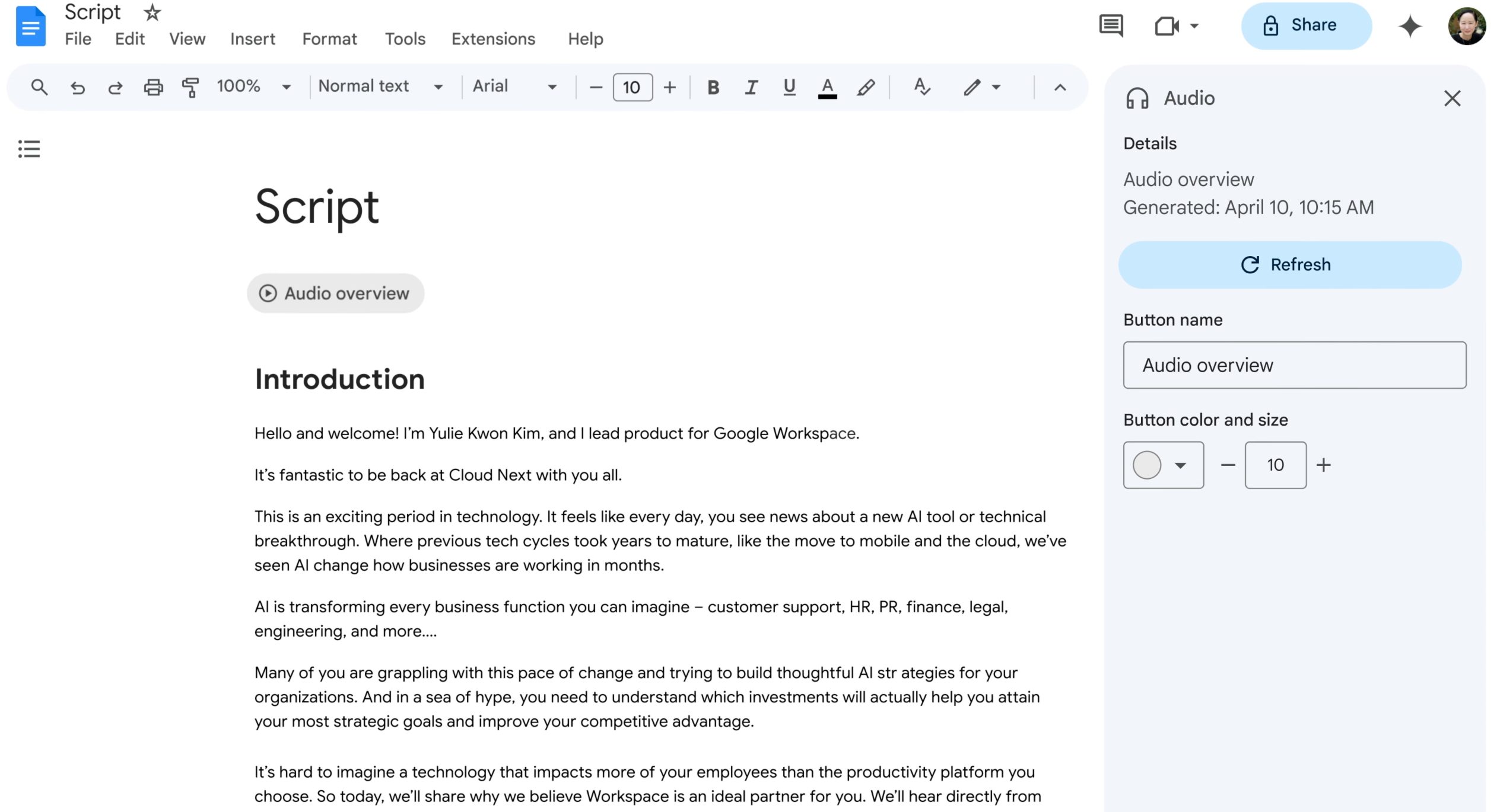 Google Docs audio overview feature.