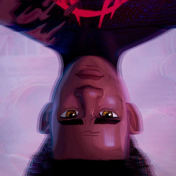 Miles Morales hangs upside down and stares.