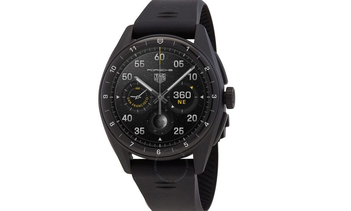 The Tag Heuer Connected Calibre E4 in black with a Jomashop watermark.