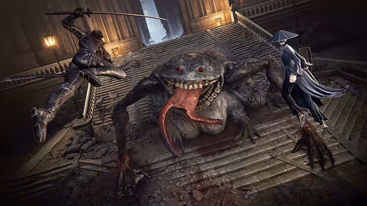 Three players fight a giant monster on the steps in The Duskbloods.