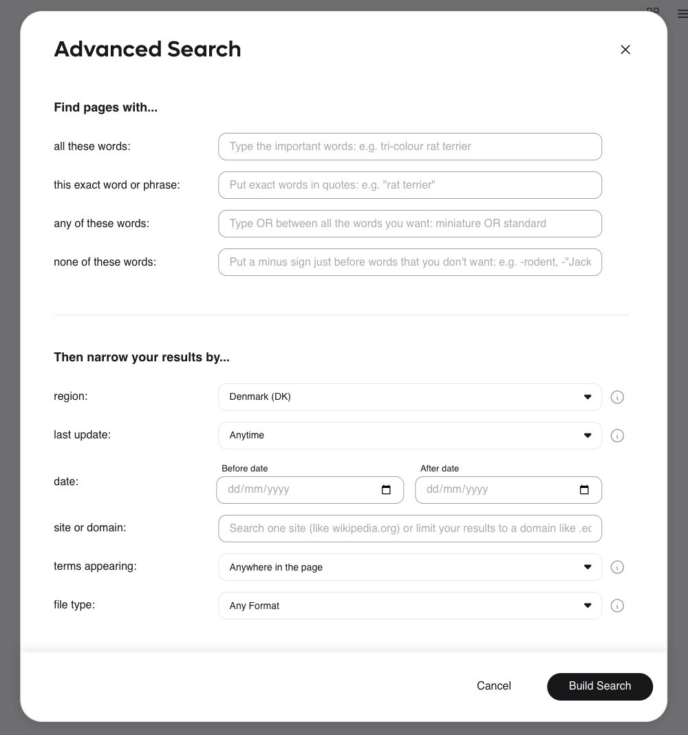 Advanced search menu on Kagi.