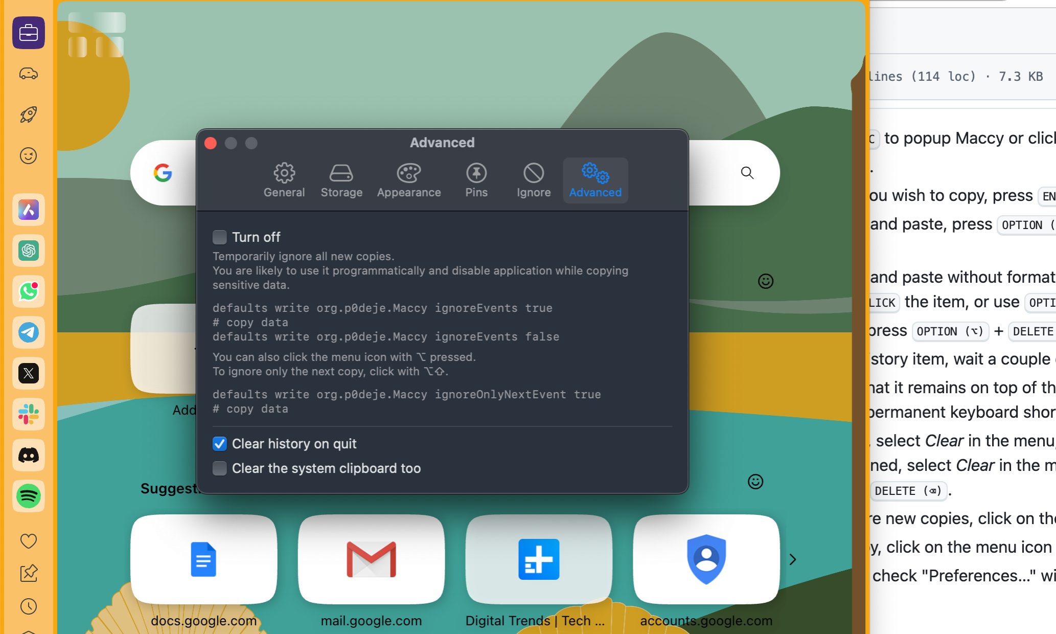 Advanced settings in the Maccy clipboard app for macOS.