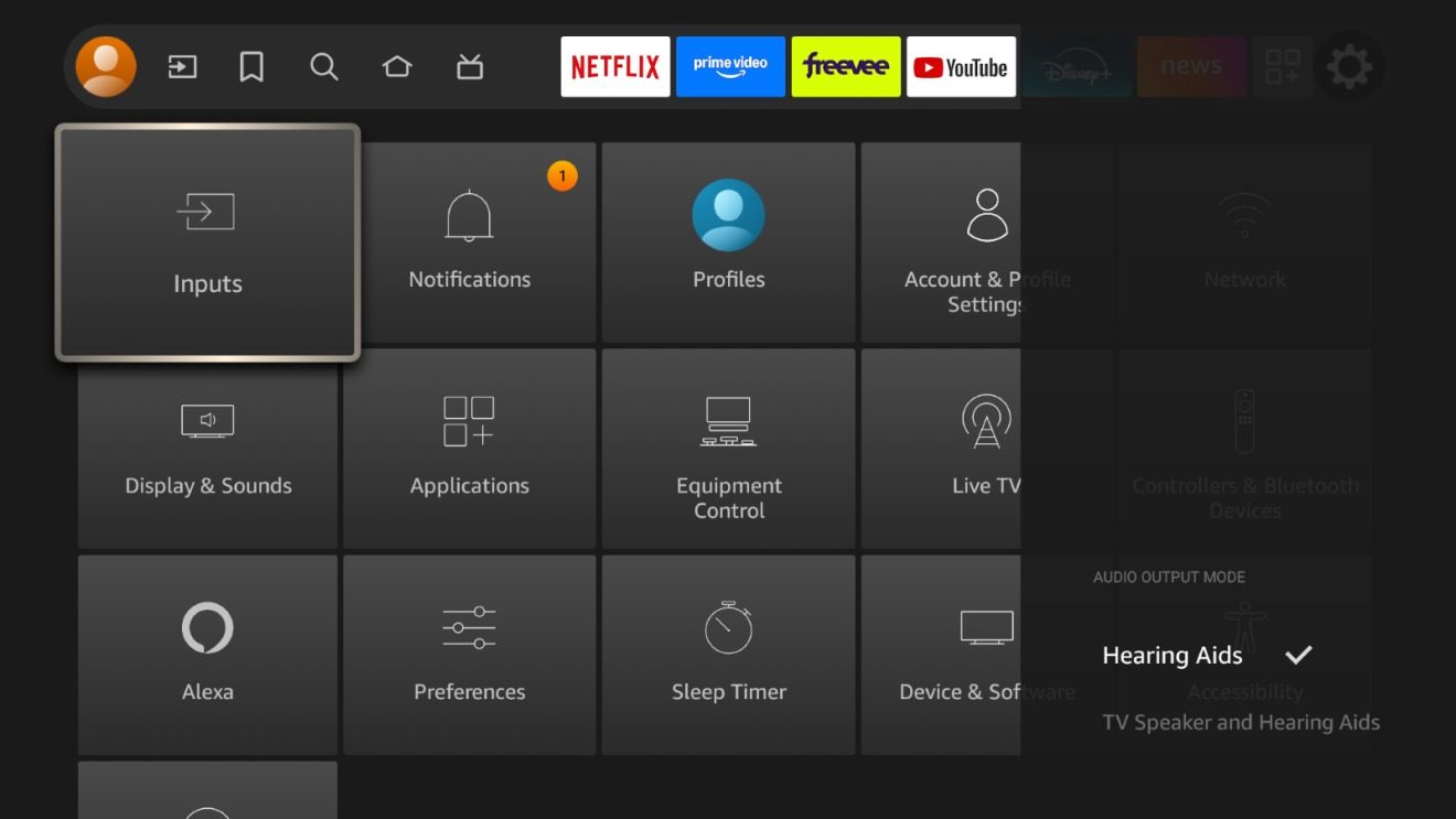 Settings menu for dual audio on an Amazon Fire TV Omni Mini-LED TV.