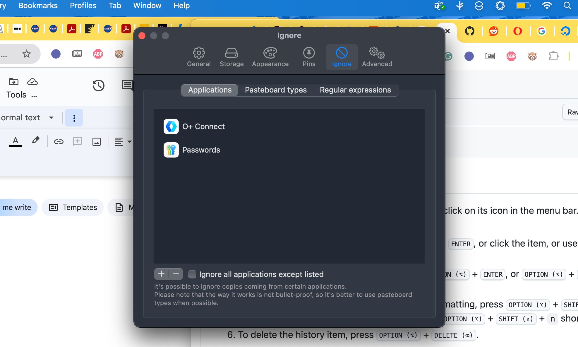 Creating software exceptions within Maccy clipboard app for macOS.