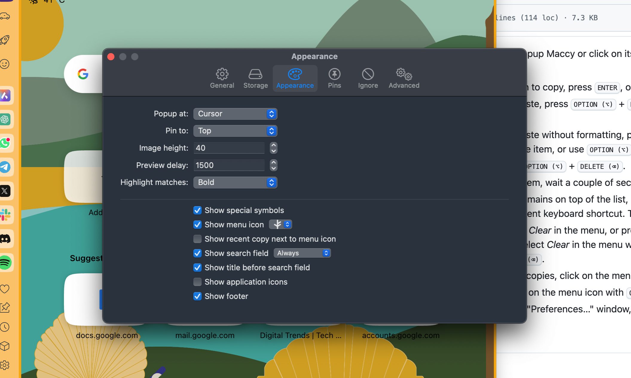 Appearance settings in the Maccy clipboard app for macOS.