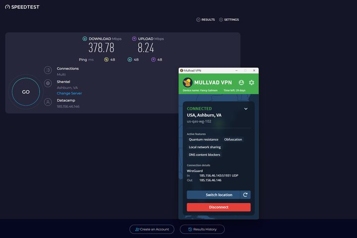 As expected, enabling multi-hop cut Mullvad VPN's performance in half.