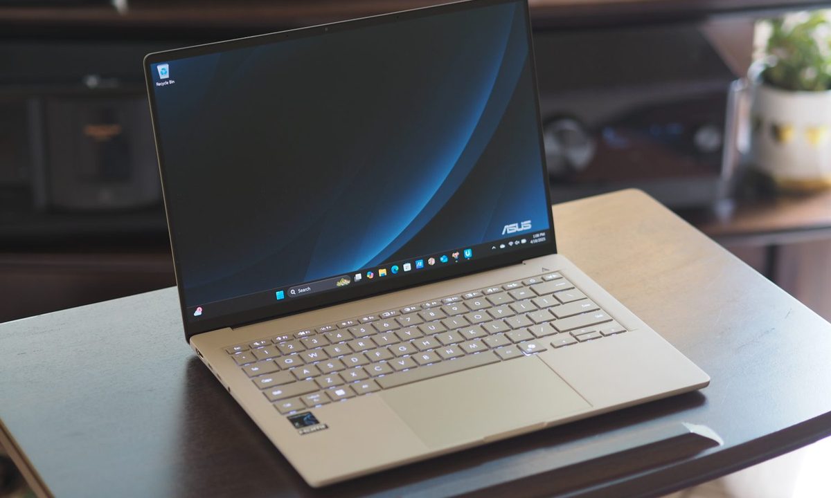 Asus Zenbook A14 front angled view showing display and keyboard.