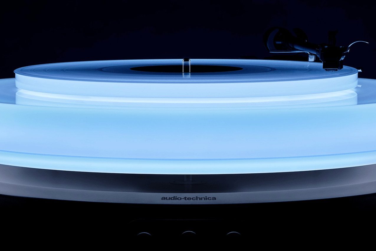 The Audio-Technica Hotaru floating, glowing turntable. 