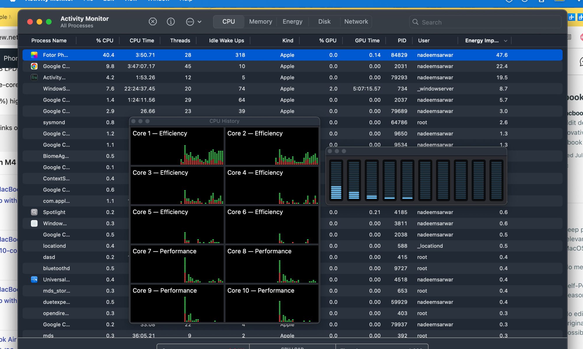 Core activity in Chrome on Mac.