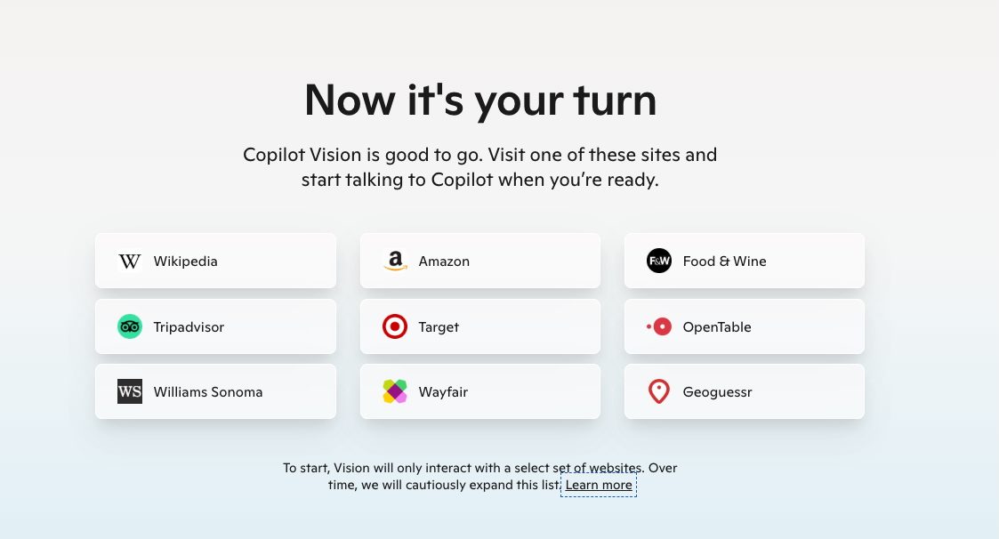 Copilot Vision compatible websites.