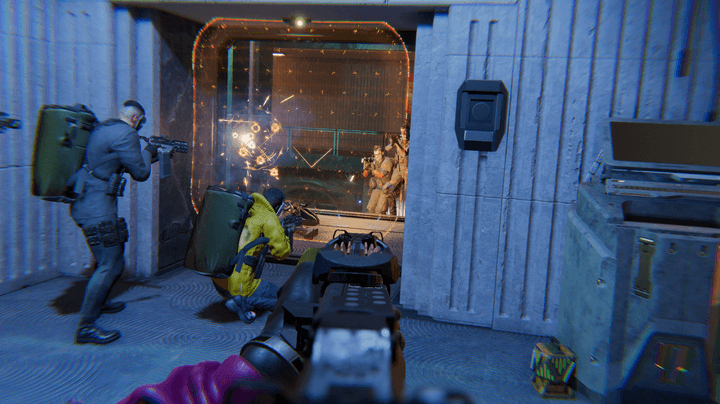 A squad squats behind an energy shield in Den of Wolves.