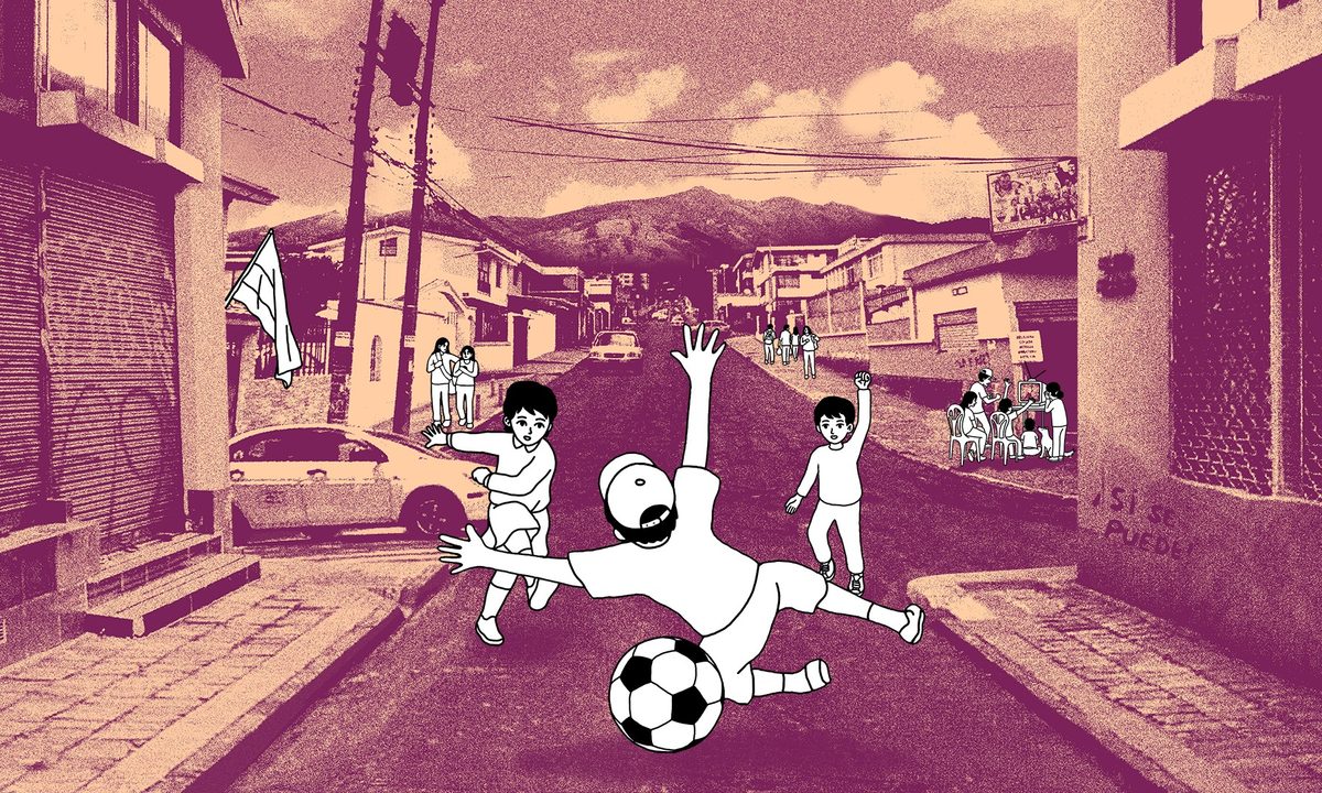 The key art of Despelote, showing hand-drawn children playing soccer on the sepia-tone streets of Quito, Ecuador.